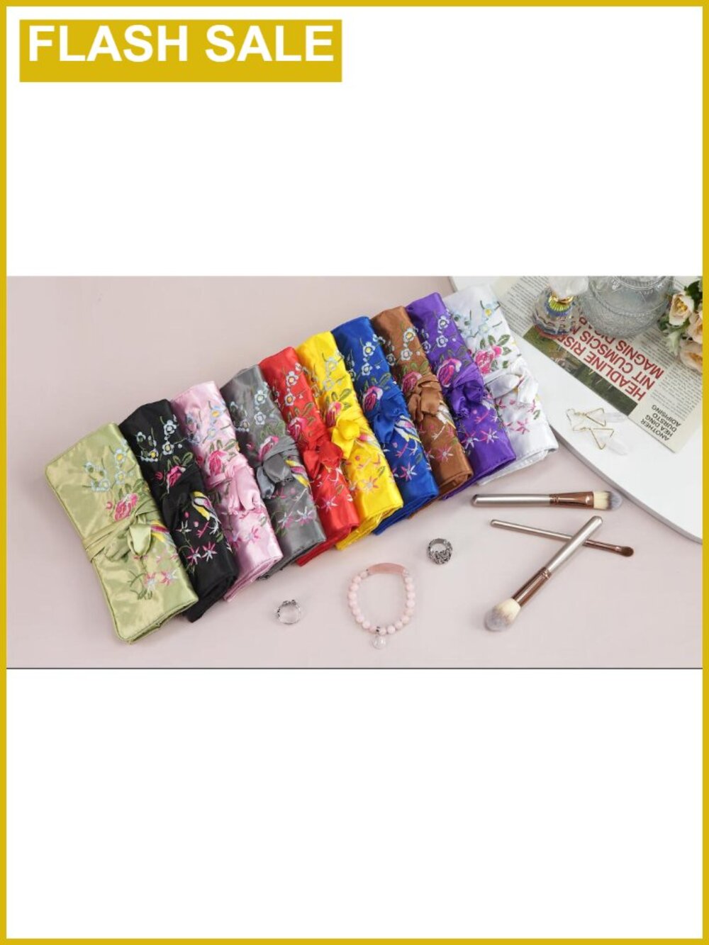 Embroidery Travel Jewelry Bag Roll Organizer with Zipper Pockets - Picture 6 of 6